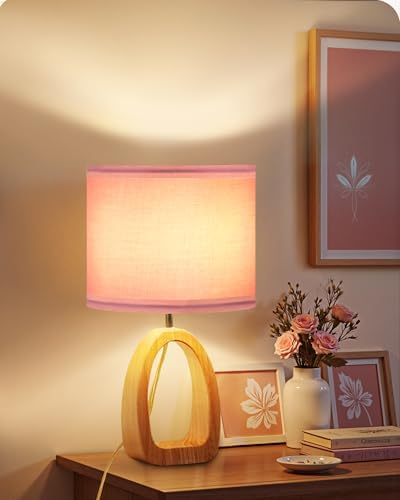 Pink Table Lamp, 14.2" Small Cute Desk Lamp, Wood Bedside Lamp with Pink Linen Lampshade & Natural Wood Base, Modern Nightstand Lamp for Girl's Room, Bedroom, E26 Base, MP07TL05