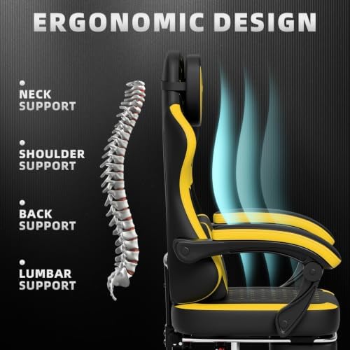 Ergonomic Gaming Chair with Footrest & Massage Lumbar Pillow, Height Adjustable 360° Swivel Computer Chair, Linked Armrest & Headrest for Office Gaming (Black Yellow)