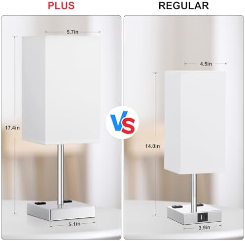 17.4" White Touch Table Lamp for Bedroom - Dimmable, USB C+A, 2 AC Outlets