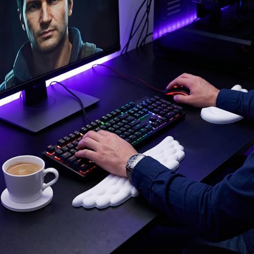 Angel Wing Wrist Rest Set of 2, Cloud Keyboard Mouse Wrist Support Ergonomic Memory Foam Cushion Hand Support Computer Palm Rest Anti-Slip Waterproof Cute for Laptop Gaming Home Office