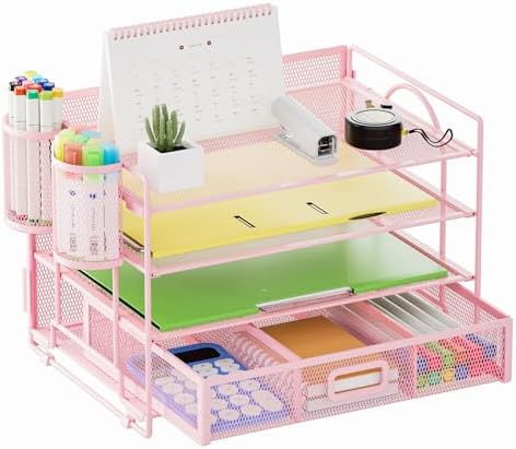 Marbrasse Desk Organizer, 4-Tier Paper File Letter Tray, Pink