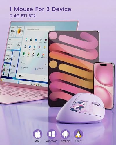 My Little Pony Ergonomic Vertical Mouse, VM01 Dual-Mode (2.4GHz/Bluetooth) Wireless Silent Mouse with LED Battery Indicator, 6 Buttons Silent Clicking Mouse for Wrist Comfort, PC, Laptop, Mac (Purple)