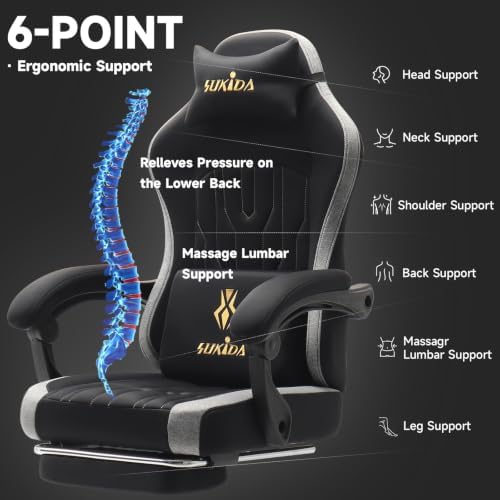 SUKIDA Computer Gaming Chair - Fabric Video Game Chairs with Footrest and Lumbar Support Swivel Comfy Linkage Armrests Gamer Chairs Home Desk Chair for Adults, Black&Grey