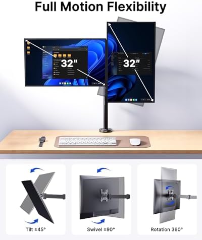 HUANUO Dual Monitor Stand for 13-32 Inch Screens, Tall Pole Desk Mount,Larger Base, Ideal for Sit-Stand Workstations, 22 lbs per Arm, VESA 75x75/100x100mm, Tilt Swivel Rotation, Cable Management