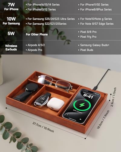 Valet Tray, Built in Wireless Charging Pad, Nightstand Organizer