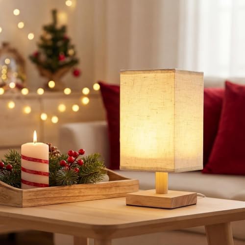 Small Table Lamp Set of 2, Square Short Bedside Lamps 2700K Warm LED with Linen Shade & Wood Base, USB Nightstand Lamps for Bedroom Living Room