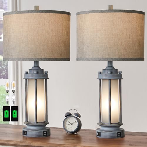 AIEAMPDO Set of 2 Rustic Table Lamps for Living Room with 2 USB C+A Ports