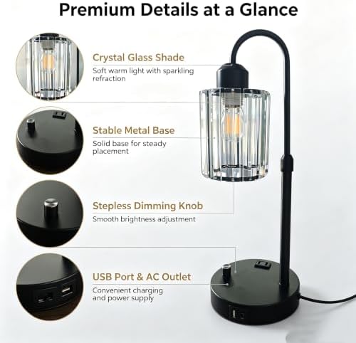 Black Crystal Table Lamp, Adjustable Height Stepless Dimmable Desk Lamp with USB Charging Port & AC Power Outlet, Metal Base Bedside Lamp for Bedroom Office Living Room