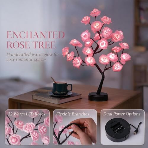 Rose Tree Lamp Flower Light with Pink Beads