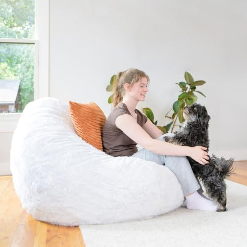 Big Large Teardrop Foam Filled Bean Bag Chair with Removable Cover, Ivory Short Shag, 4 feet Big