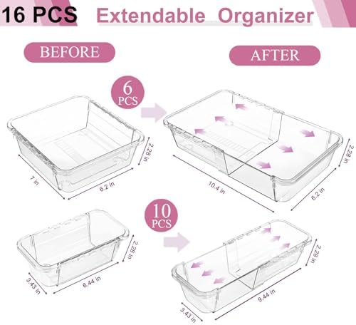 16 Pcs Extendable Clear Drawer Organizer, All Adjustable Vanity Storage Box, 2-Size Desk Drawer Organizer, Durable Storage Bins for Makeup, Cosmetic, Bedroom Dressers Tool Organizer for Gadgets