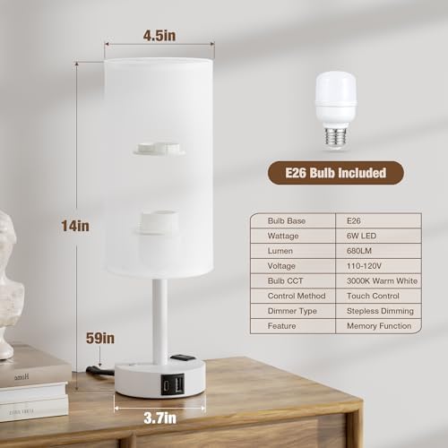 White Touch Bedside Lamp for Bedroom, Stepless Dimmable, USB A+C, AC Outlet