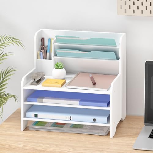 Bamboo File Organizer for Desk, Desktop Paper Tray and Mail Holder