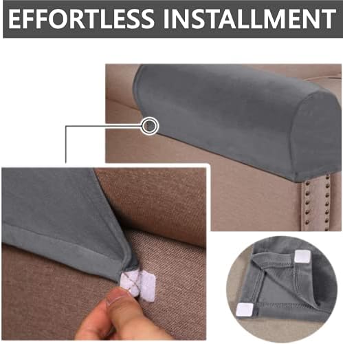 2 Pack Velvet Stretch Armrest Covers - Non Slip Sofa Chair Covers, Soft Elastic Arm Protectors for Living Room Couch, Office Chair, Recliner (Grey)