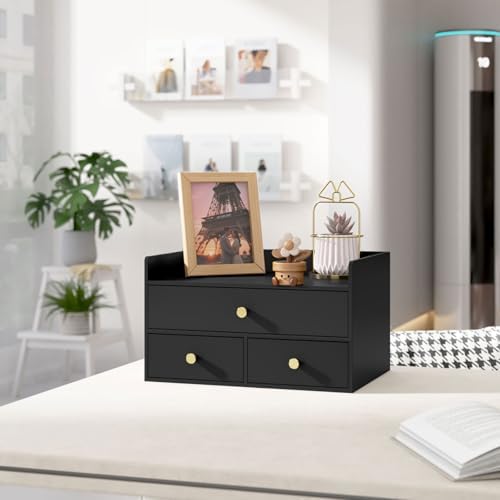 Bamboo Desk Organizer with Drawers,Wooden Desktop Storage (3 Drawers,Black)