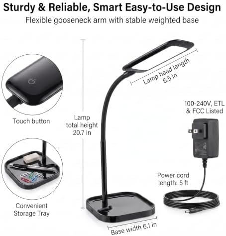 Black LED Desk Lamp for Home Office Dorm,Eye-Caring,Gooseneck,Flicker-Free