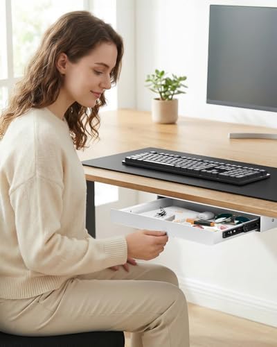 PUTORSEN Under Desk Storage Drawer 14.8" Wide - Smooth Slide Out Organizer for Standing Desk & Home Office, Max Load 17.6 lbs, Quiet Glide, White