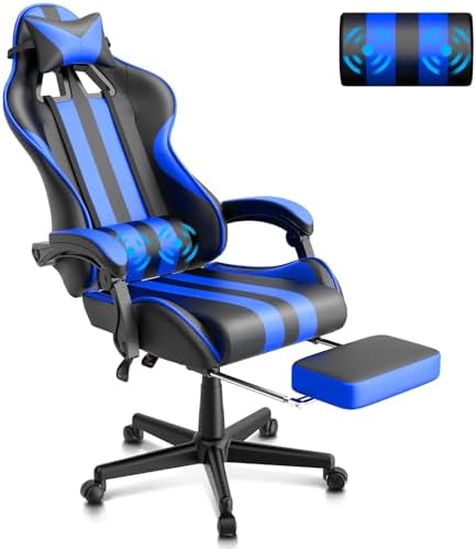 Ferghana Blue Gaming Chairs with Footrest, PC Gaming Chairs for Adults Teens, Racing Style, Luxurious Comfort, Waterproof PU Leather