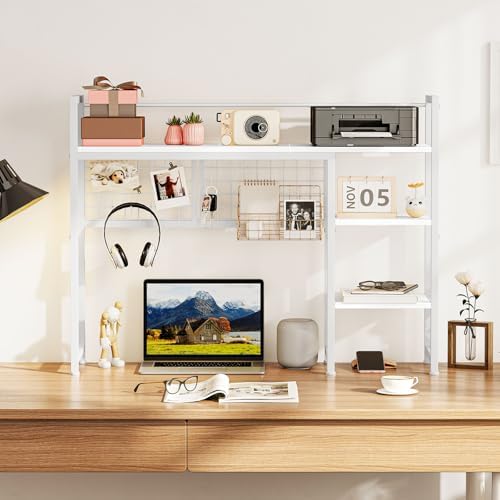 Snughome Desk Shelf, 38.6" Desktop Organizer Shelf, Desk Hutch for Computer Monitor, 4 Tier Desktop Display Rack with Pegboard Hooks Set, Wood Desk Bookshelf for Home Office Dorm, White