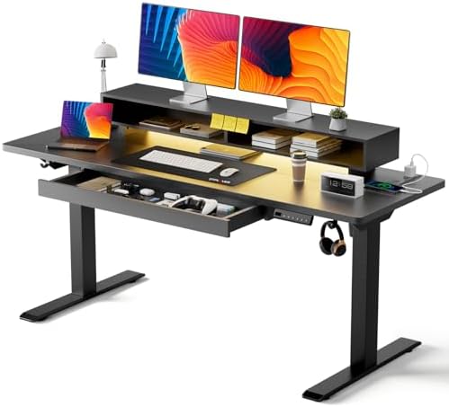 GTPLAYER Electric Standing Desk with Drawers, 55 x 24 Inch Height Adjustable Gaming Desk with Monitor Stand, Power Outlets & LED Lights, Home Office Sit Stand Up Desk with Memory Preset (Black)
