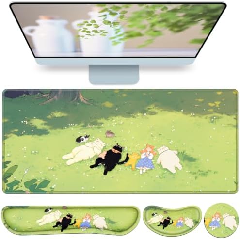 Desk Mat, Large Gaming Mouse Pad with Wrist Rest, 4in1 XXL Mousepad+Keyboard Wrist Rest+Mouse Pad Wrist Support+Cup Coaster Set Ergonomic Computer Desk Arm Wrist for Decor Home Office Women