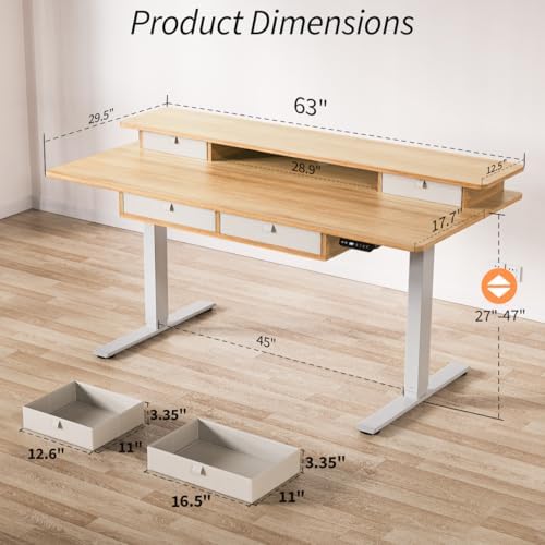 Kingant Electric Standing Desk with 4 Drawers, Height Adjustable 63"x 30"