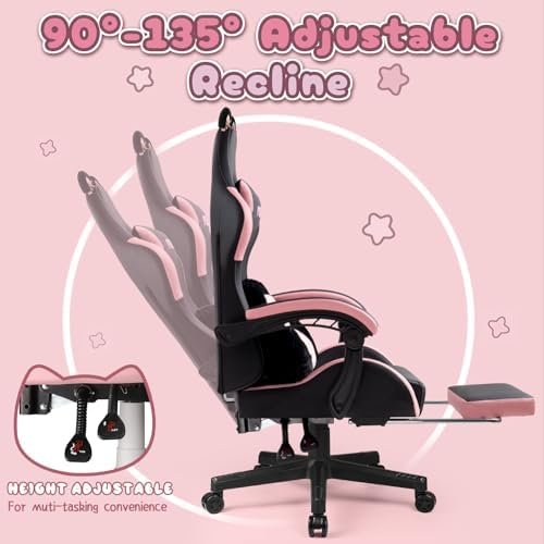 PUKAMI Pink Gaming Chair with Cute Cat Ears