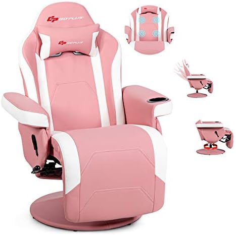 POWERSTONE Gaming Recliner, PU Massage Gaming Chair with Footrest, Cup Holder, Headrest and Side Pouch, Adjustable Single Sofa Living Room Chair(Pink)