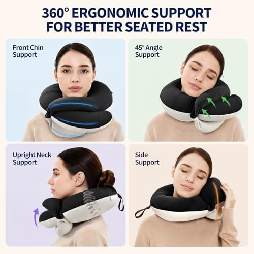 BUYUE Travel Neck Pillows for Airplanes, Memory Foam 360° Head Support Sleep for Long Flight, Skin-Friendly & Breathable, Kit with Eye Mask, Earplugs and Storage Bag (Adult, Black, 90+ lbs)