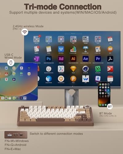 AULA F75 75% Wireless Mechanical Keyboard, Hot Swappable Creamy Keyboard, Pre-lubed Linear Switches, 2.4GHz/Type-C/BT5.0, RGB Backlit Gaming Keyboards(White&Brown)