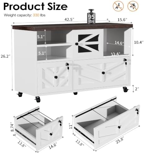 White Lateral File Cabinet with Lock, 2 Drawer Rolling Filing Cabinet for Home Office, Mobile Storage Cabinet with Open Shelves & Sliding Door, Fits Legal/Letter/A4 Files, Herringbone Design