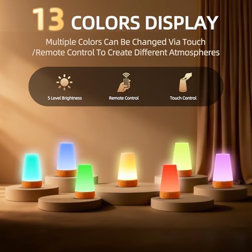 Night Light, Dimmable Touch Lamp and Remote Control, 13 RGB Colors & 5 Brightness, Rechargeable Bedside Table Lamp for Baby Kids Nursery Bedroom Bathroom Camping (Wood Grain)