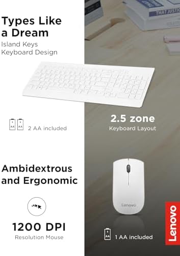 Lenovo 510 Wireless Combo with 2.4 GHz USB Receiver, Slim Full Size Keyboard, Full Number Pad, 1200 DPI Optical Mouse, Left or Right Hand, GX30W75336, White