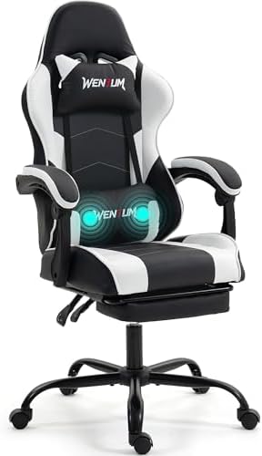 Gaming Chair with Footrest for Adults - PU Leather Video Game Chair w/Massage Lumbar Support for Men Women, Ernogomic Computer Gamer Chair for Home Office, Height Adjustable, White
