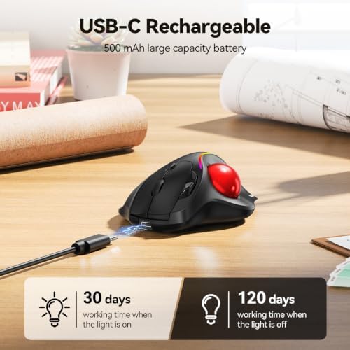 TECKNET Wireless Trackball Mouse, Bluetooth Mouse with Ergonomic, Red
