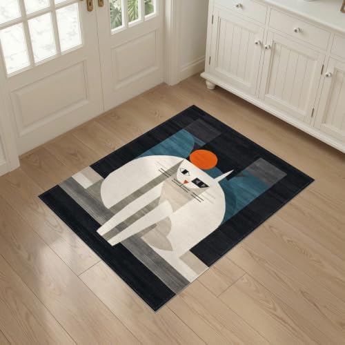 3'x5' Black White Cat Artistic Feline Design Washable Area Rug