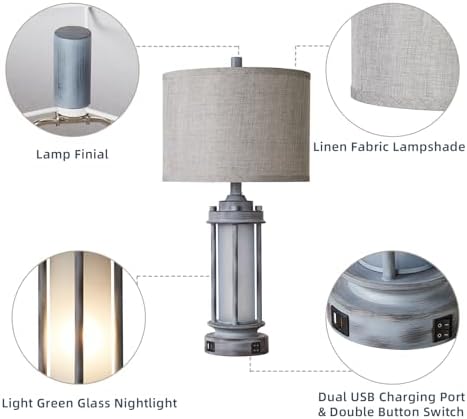 AIEAMPDO 25" Rustic Farmhouse Nightstand Lamp with 2 USB C+A Ports
