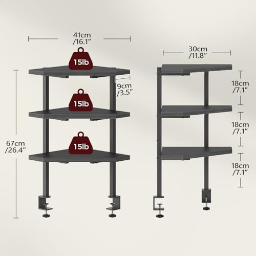 MAHANCRIS Clamp on Desk Corner Organizer, 3-Tier Desktop Shelf, Adjustable Desk Corner Storage Shelf with Metal Frame, for Office, Game Room, Black DSBK5501