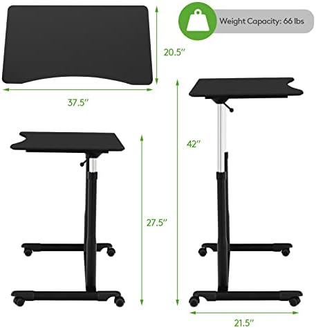 COSTWAY Mobile Height Adjustable Standing Desk, Compact Pneumatic Sit to Stand Computer Desk w/Lockable Casters, Ergonomic Rolling Laptop Table w/Steel Frame for Home Office (Black)
