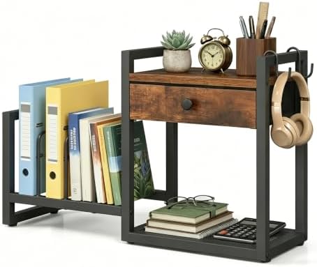 MAHANCRIS Desktop Shelf Organizer, 2-Tier Wooden Desk Bookshelf, Small Tabletop Book Shelf with Drawer and Hooks, Countertop Storage Rack for Home, Office, Dorm, Rustic Brown POHR2201