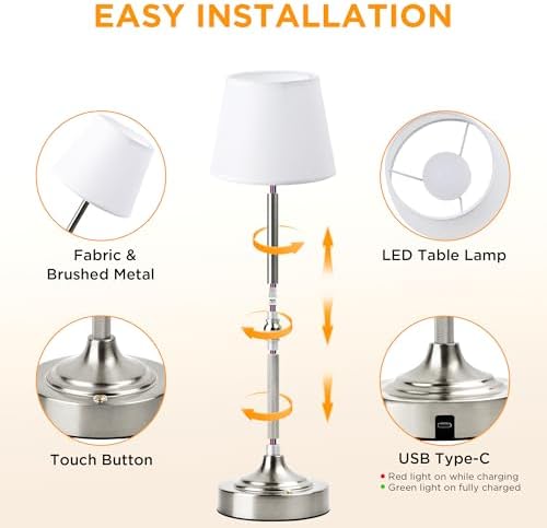 LUTEC Cordless Table Lamp, Battery Operated Lamp with 3 Color Temps and Stepless Dimming, 5200mAh Portable Rechargeable Table Lamp for Restaurant/Bedroom/Bars/Outdoor (Silver)