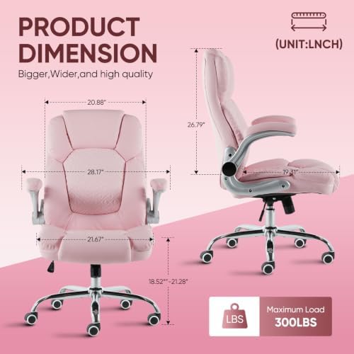 Executive Office Chair, Ergonomic Heavy Duty Desk Chair with Flip‑Up Armrests, 400 LBS High Back Comfy Computer Gaming Chairs for Home Office, Breathable PU Leather (Pink)