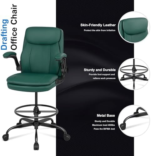 Misolant Drafting Chair, Tall Office Chair for Standing Desk, High Leather Executive Office Chair with Adjustable Height and Flip-up Armrest for Counter Height Desk Green