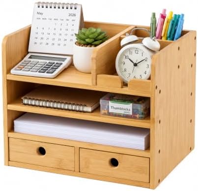Bamboo Desk Organizer with Drawers, Makeup Storage for Home Office