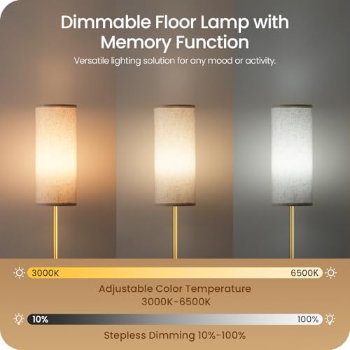 Dimmable Floor Lamps for Living Room with Remote and Foot Switch, 64.4” Modern Standing Tall Lamp, Corner Lamp for Bedroom, Bulb Included, 3000K-6500K, White and Gold, FCC Listed DW06LD05W1