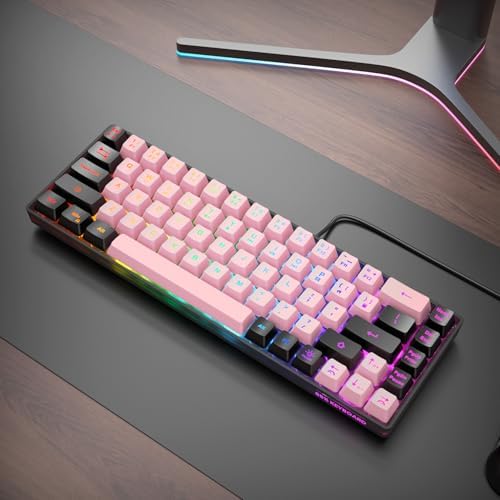 GEODMAER 65% Wired Gaming Keyboard, LED Backlit, Ultra-Compact Anti-Ghosting No-Conflict 68 Keys Membrane Gaming Wired Keyboard for PC Laptop Windows Gamer(Pink-Black)