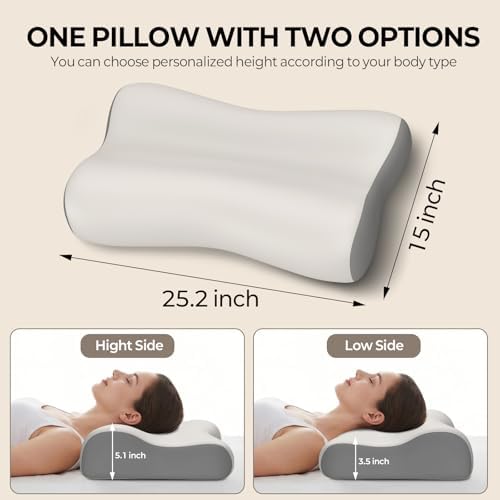 Polovo Cervical Neck Pillow for Pain Relief - Ergonomic Side Sleeper Pillow for Deep Sleep, Contour Memory Foam Pillows for Sleeping Bed Pillow for Side Back Stomach Sleepers(Grey)