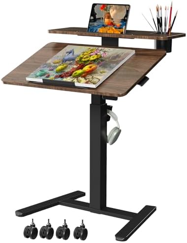 28" Mobile Standing Desk, Tiltable Top with 2-Tier Shelves, Walnut