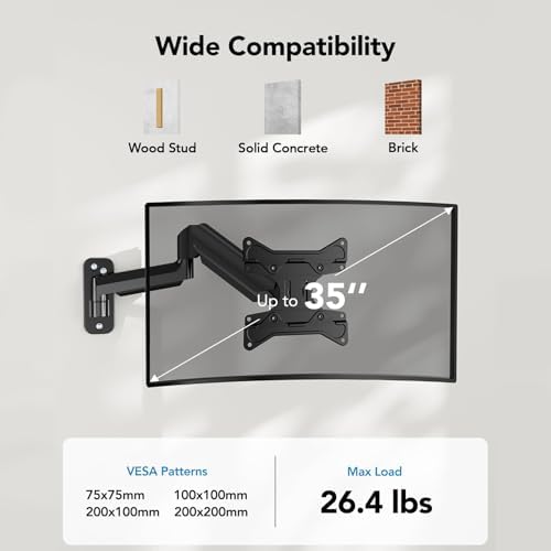 HUANUO Computer Monitor Wall Mount for 22"-35" Screens, Gaming Wall Mount Monitor Arm Holds up to 26.4lbs, Vesa Mount with Tilt, Swivel, Rotation, Supports 75x75mm, 100x100mm, 200x200mm, Black