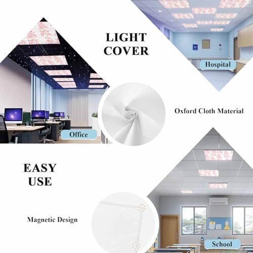 Pink Flower Leaves Magnetic Fluorescent Light Covers for Ceiling Lights 2 x 4 Feet,Grey Modern Pastel White Floral Spring Summer Office Classroom Kitchen Drop Ceiling Light Filter Covers 4 Packs